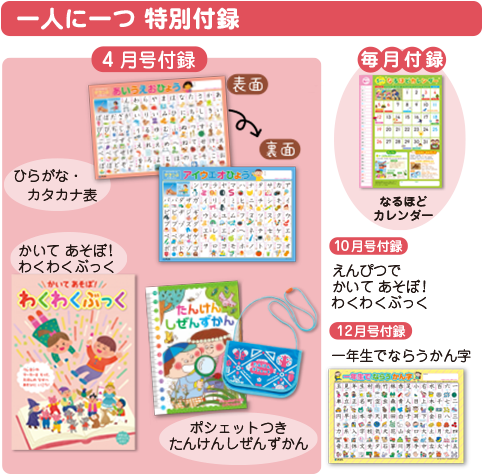 １人に１つ特別付録　ひらがな・カタカナひょう　かいてあそぼ！わくわくぶっくステップ　10月号付録かいてあそぼ！わくわくぶっくステップ２　12月号付録一年生でならう漢字　ポシェットつきたんけんしぜんずかん　クラス採用付録　ポスターサイズ　きせつのなるほどしんぶん